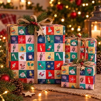 Hârtie de împachetat pentru Crăciun Advent Patchwork, aranjată alături de cadouri festive