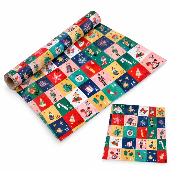 Hârtie de împachetat pentru Crăciun Advent Patchwork, 70 × 100 cm, fotografie de produs în studio