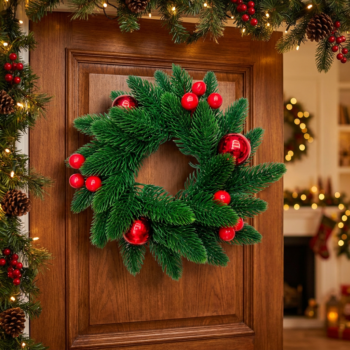 A-400 Classic Red Berry Evergreen Christmas Wreath – 30 cm într-o decorare de Crăciun de înaltă calitate