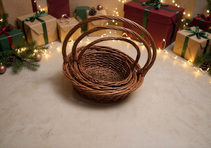 A-413 Braunes Weidenkorb-Set, als hochwertige Weihnachtsgeschenkkörbe arrangiert