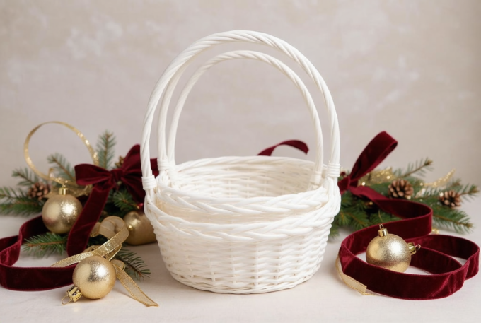 A-416 set de coșuri cadou din răchită albă într-un decor elegant de Crăciun