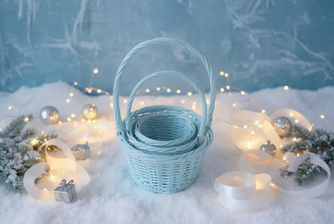 A-417 ensemble de paniers en osier bleu pastel dans un décor hivernal de Noël
