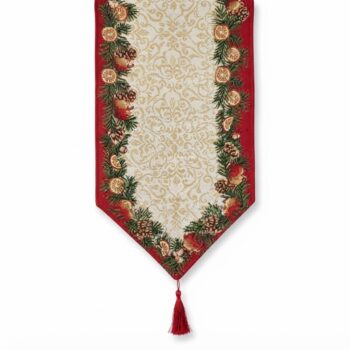 A-433 Traversă de masă de Crăciun cu ramuri de conifere și conuri de pin – 33 × 180 cm pe fundal alb