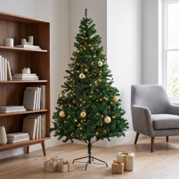 Brad artificial de Crăciun Classic Green de 120 cm, decorat într-un ambient de inspirație