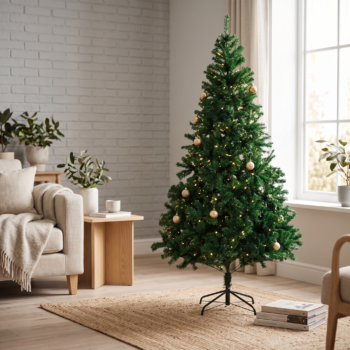 Brad de Crăciun Classic Green de 150 cm într-un interior amenajat festiv; decorațiunile sunt prezentate cu titlu ilustrativ