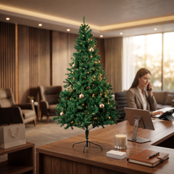 Brad de Crăciun Classic Green de 90 cm într-un interior amenajat festiv; decorațiunile sunt prezentate cu titlu ilustrativ