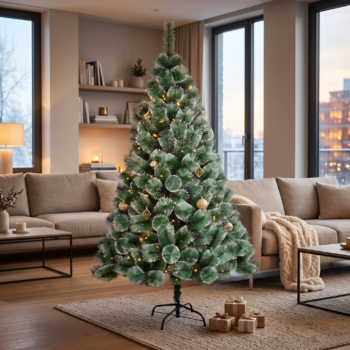 Brad de Crăciun cu vârfuri albe, 150 cm, într-un interior amenajat festiv; decorațiunile sunt prezentate cu titlu ilustrativ