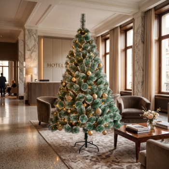Brad de Crăciun cu vârfuri albe 240 cm într-un interior amenajat festiv; decorațiunile sunt prezentate cu titlu ilustrativ