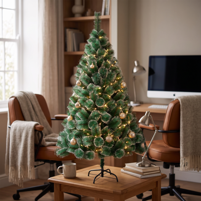 90 cm white-tipped artificial Christmas tree - styled lifestyle scene, decor shown for illustration